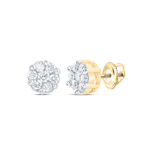 10K Yellow Or White Or Rose Gold Womens Round Diamond Flower Cluster Earrings
