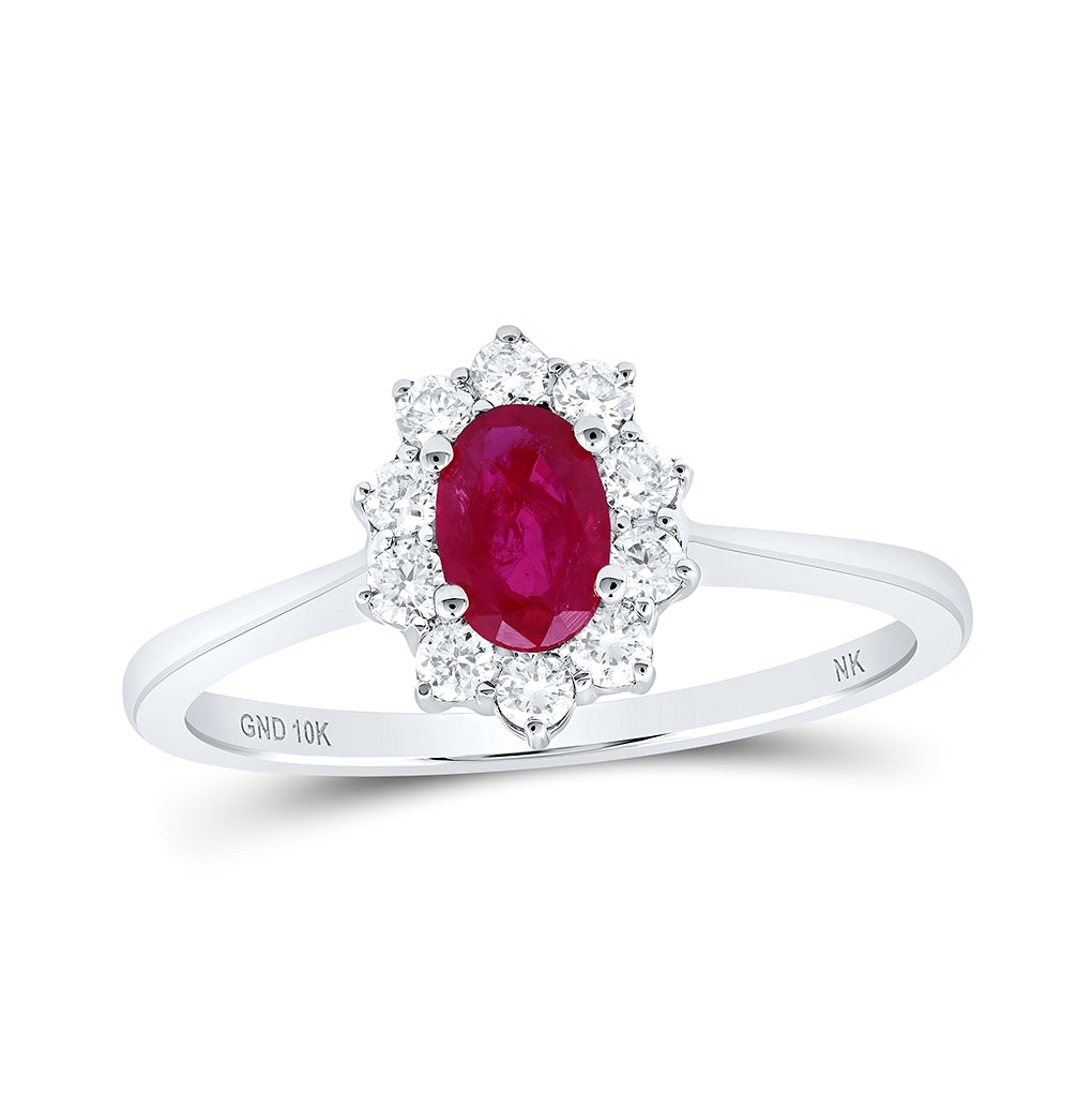 10K White Or Rose Gold Womens Oval Ruby Diamond Halo Ring , Womens Size: 5-10