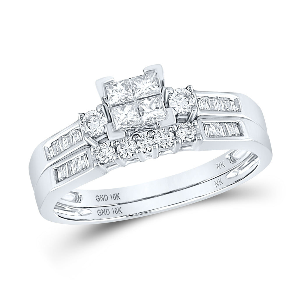 10K White Or Yellow Gold Princess Diamond Square Bridal Wedding Ring Band Set , Womens Size: 5-10