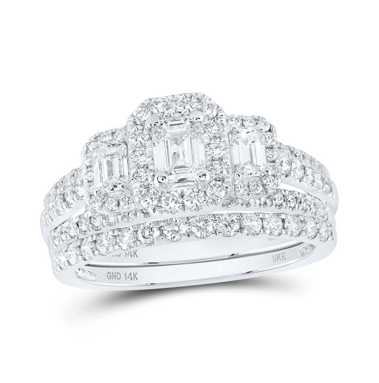 14K White Gold Emerald Diamond 3-Stone Halo Bridal Wedding Ring Band Set 1-1/2 Cttw, Womens Size: 5-10
