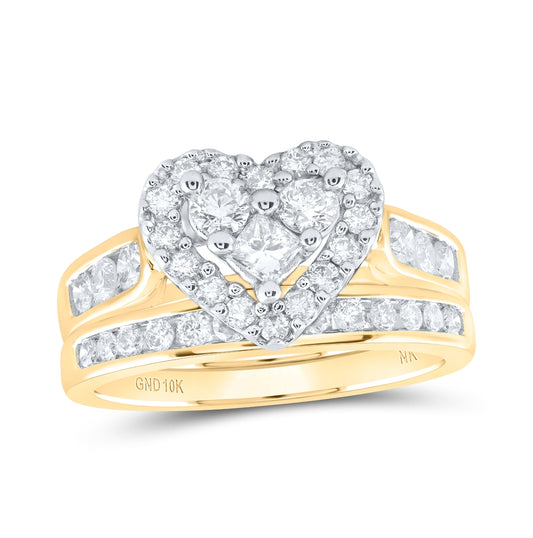 10K White Or Yellow Gold Princess Diamond Heart Bridal Wedding Ring Band Set , Womens Size: 5-10