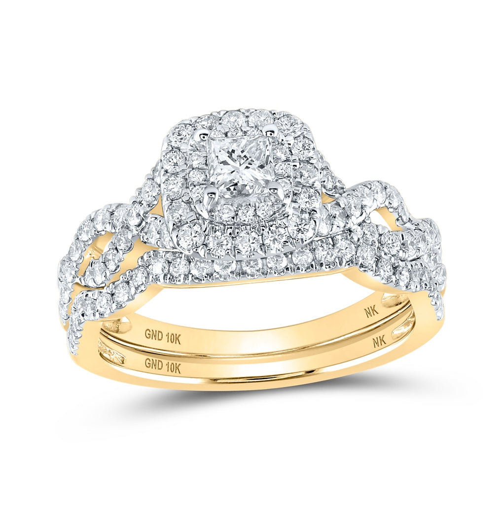 10K White Or Yellow Gold Princess Diamond Halo Bridal Wedding Ring Band Set , Womens Size: 5-10