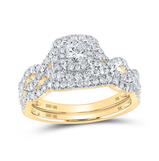10K White Or Yellow Gold Princess Diamond Halo Bridal Wedding Ring Band Set , Womens Size: 5-10