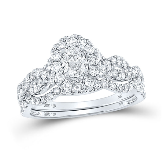10K White Gold Oval Diamond Halo Bridal Wedding Ring Band Set 1 Cttw, Womens Size: 5-10
