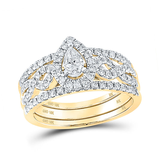 10K White Or Yellow Gold Pear Diamond 3-Piece Bridal Wedding Ring Band Set , Womens Size: 5-10