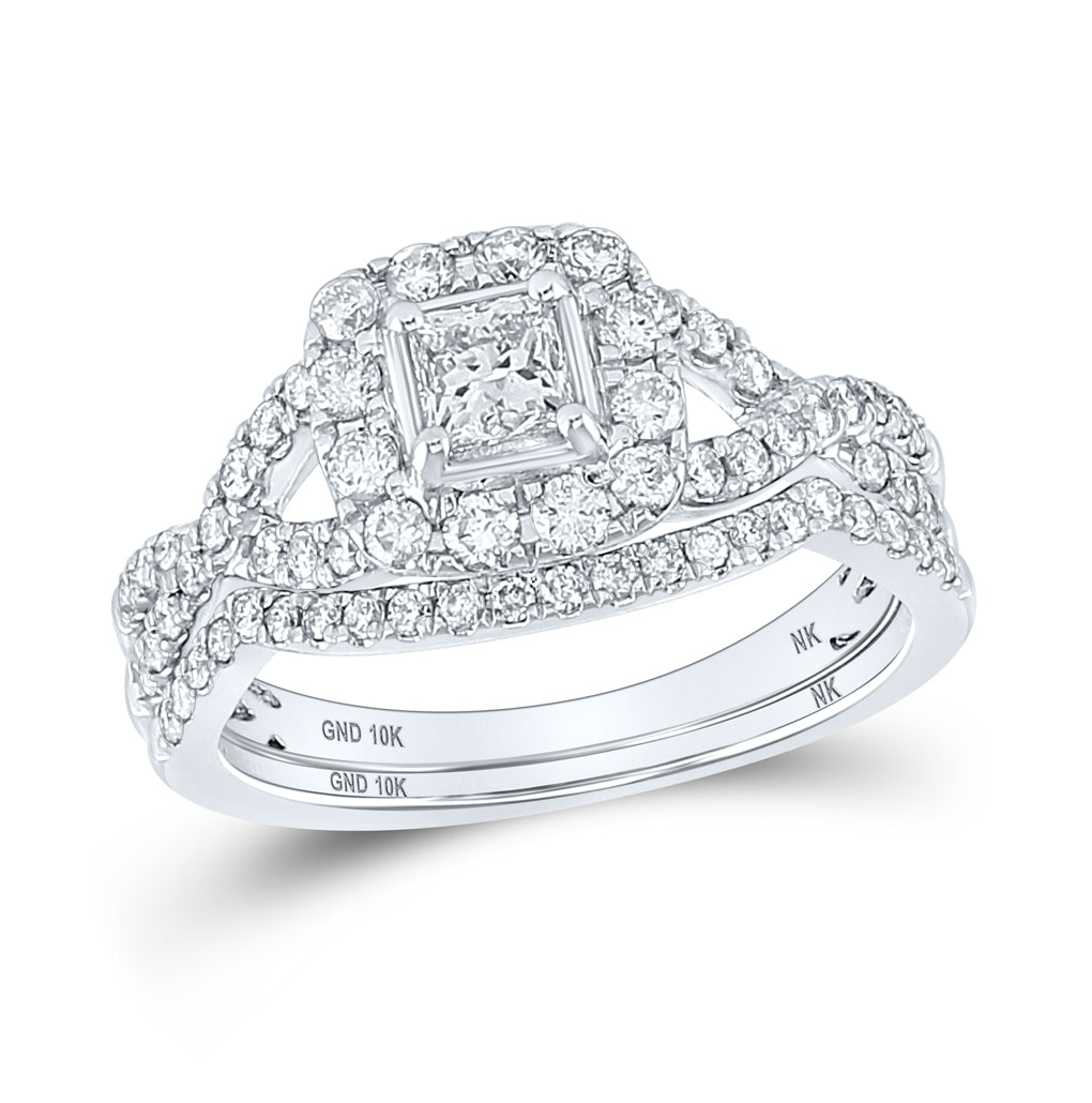 10kt White Gold Princess Diamond Halo Bridal Wedding Ring Band Set 1 Cttw, Womens Size: 5-10