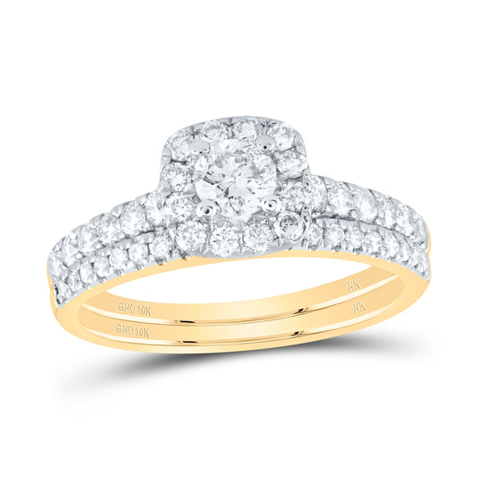 10K White Or Yellow Gold Round Diamond Halo Bridal Wedding Ring Band Set , Womens Size: 5-10