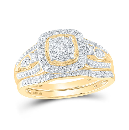 10K White Or Yellow Gold Round Diamond Square Cluster Bridal Wedding Ring Band Set , Womens Size: 5-10
