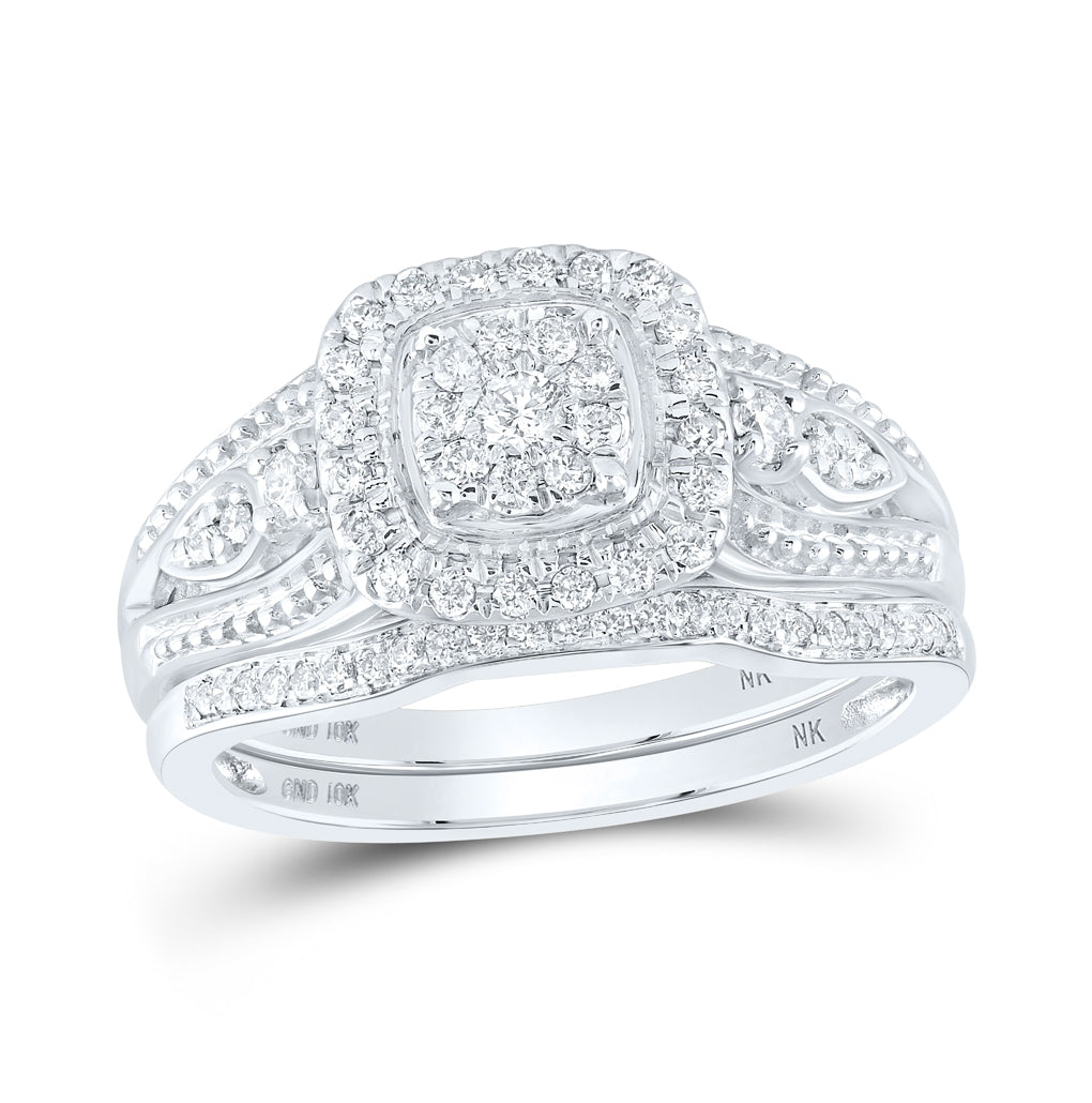 10K White Or Yellow Gold Round Diamond Square Cluster Bridal Wedding Ring Band Set , Womens Size: 5-10