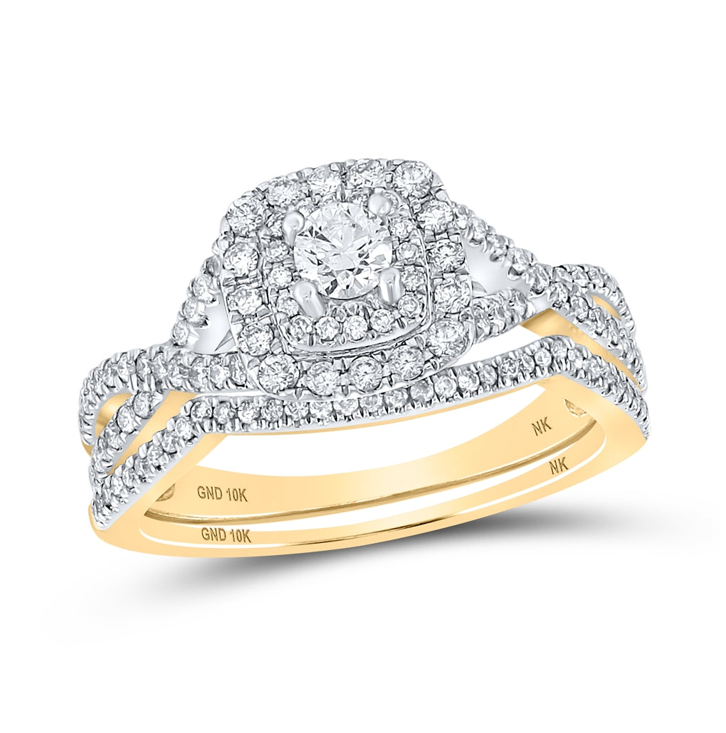 10K White Or Yellow Gold Round Diamond Halo Bridal Wedding Ring Band Set , Womens Size: 5-10