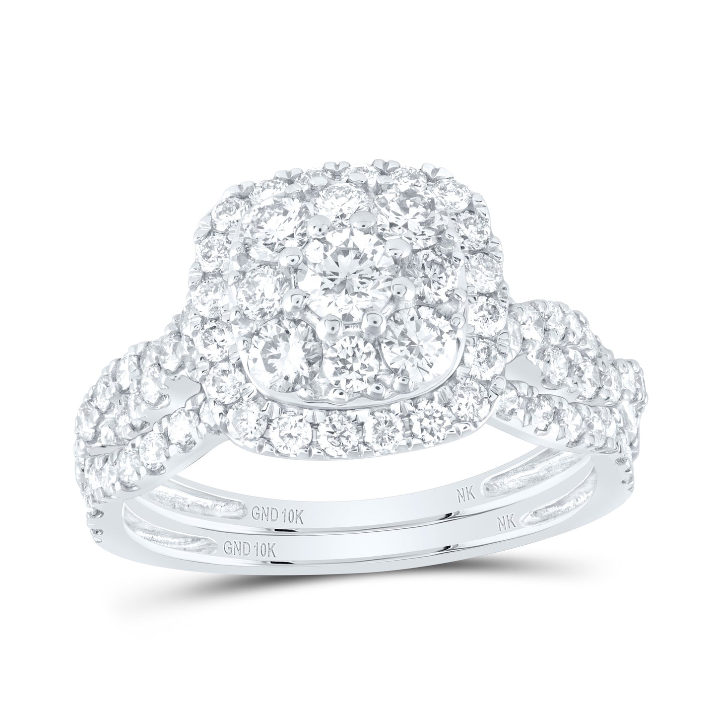 10K White Gold Round Diamond Square Halo Bridal Wedding Ring Band Set 1-1/2ctw, Womens Size: 5-10