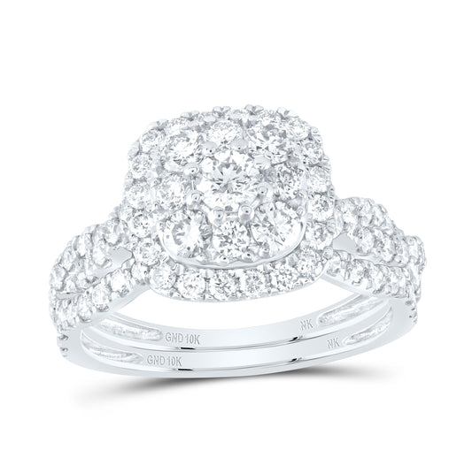 10K White Gold Round Diamond Square Halo Bridal Wedding Ring Band Set 1-1/2ctw, Womens Size: 5-10