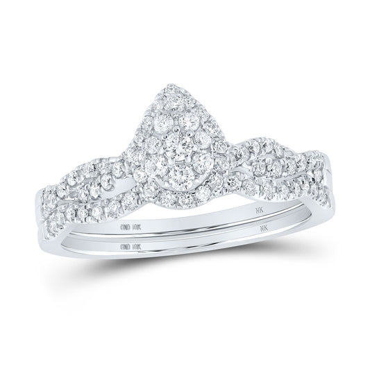 10K White Gold Round Diamond Teardrop Bridal Wedding Ring Band Set 1/2ctw, Women's Size: 5-10