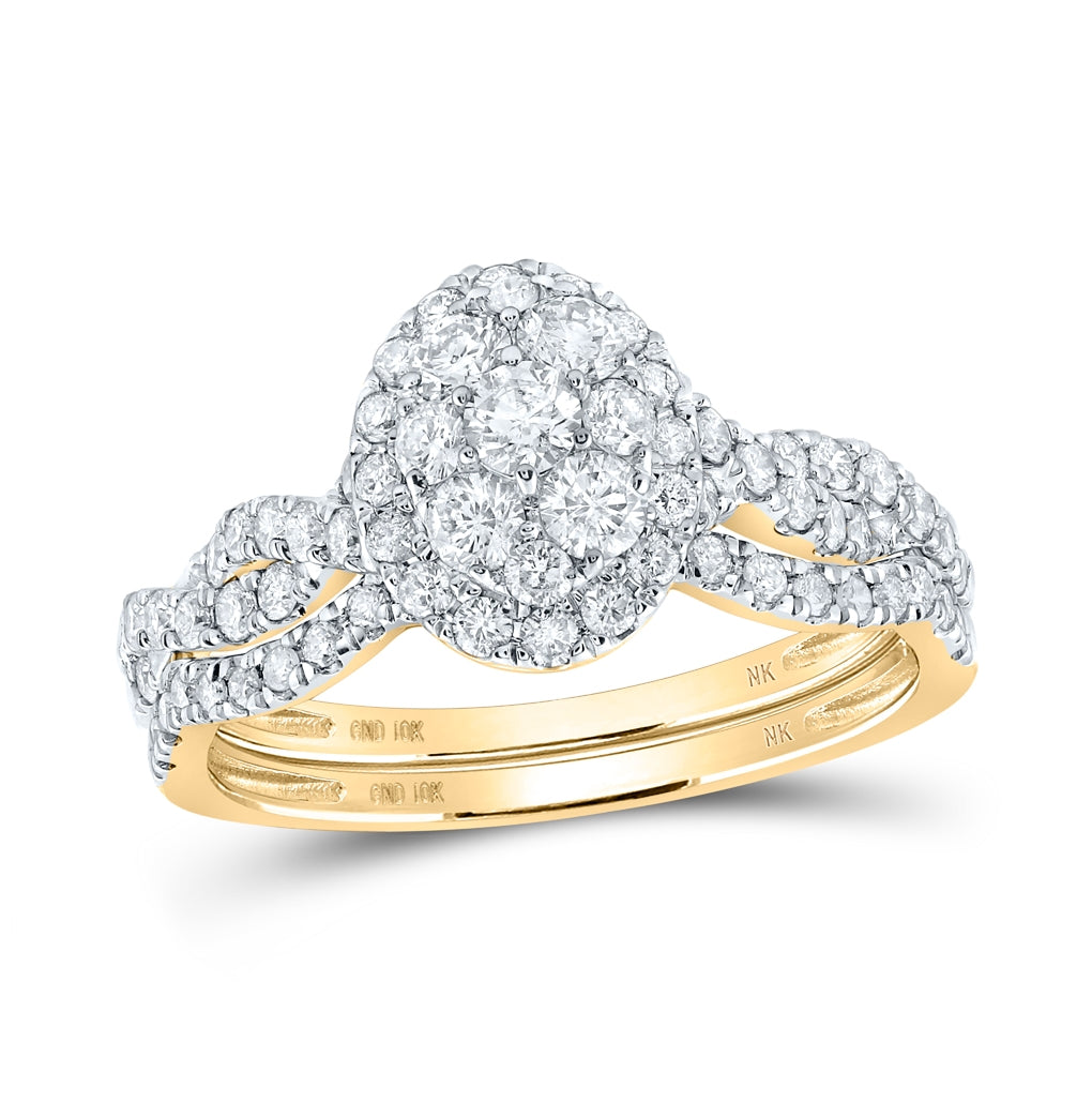 10K Yellow Or White Gold Round Diamond Oval Cluster Bridal Wedding Ring Band Set 1 Cttw, Womens Size: 5-10