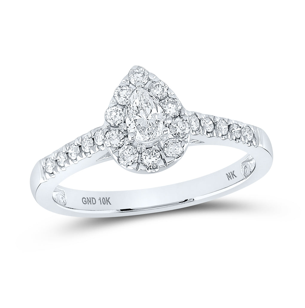 10k White Gold Pear Diamond Halo Bridal Wedding Engagement Ring 1/2 Cttw, Womens Size: 5-10