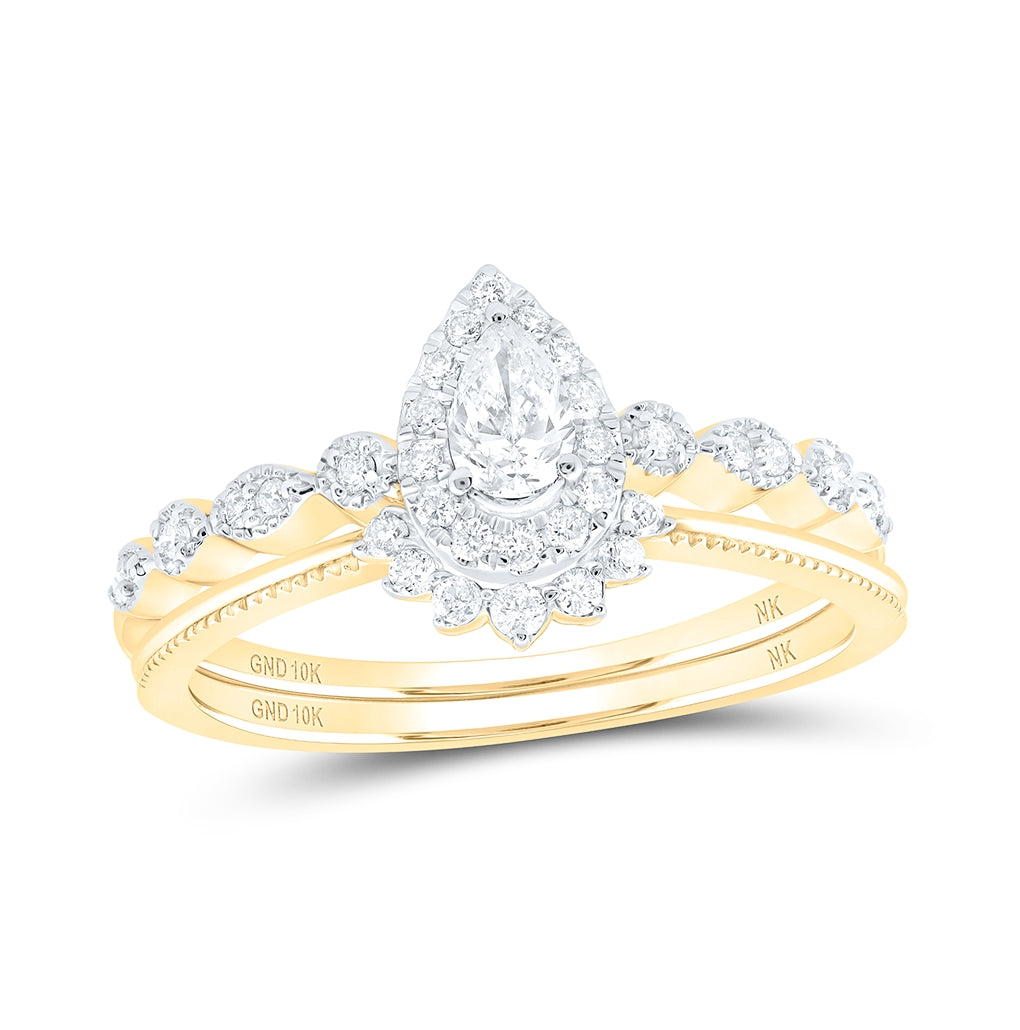 10K White Or Yellow Gold Pear Diamond Halo Bridal Wedding Ring Band Set , Womens Size: 5-10