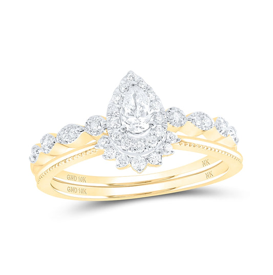 10K White Or Yellow Gold Pear Diamond Halo Bridal Wedding Ring Band Set , Womens Size: 5-10