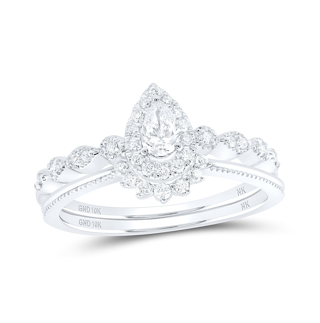10K White Or Yellow Gold Pear Diamond Halo Bridal Wedding Ring Band Set , Womens Size: 5-10