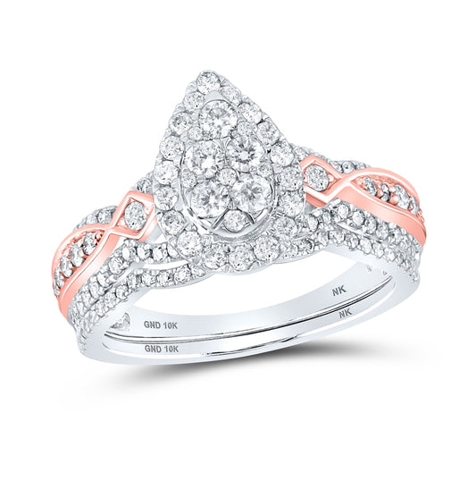 10K Two-tone Gold Round Diamond Teardrop Bridal Wedding Ring Band Set 1 Cttw, Womens Size: 5-10