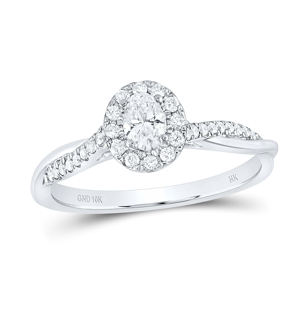 10K White Gold Oval Diamond Halo Bridal Wedding Engagement Ring 1/3ctw, Womens Size: 5-10