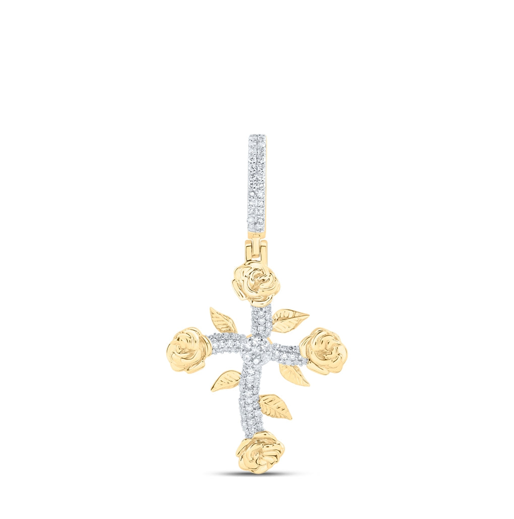 10K Yellow Gold Mens Round Diamond Rose Cross Charm Pendant 1/3 Cttw