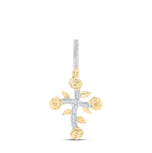 10K Yellow Gold Mens Round Diamond Rose Cross Charm Pendant 1/3 Cttw