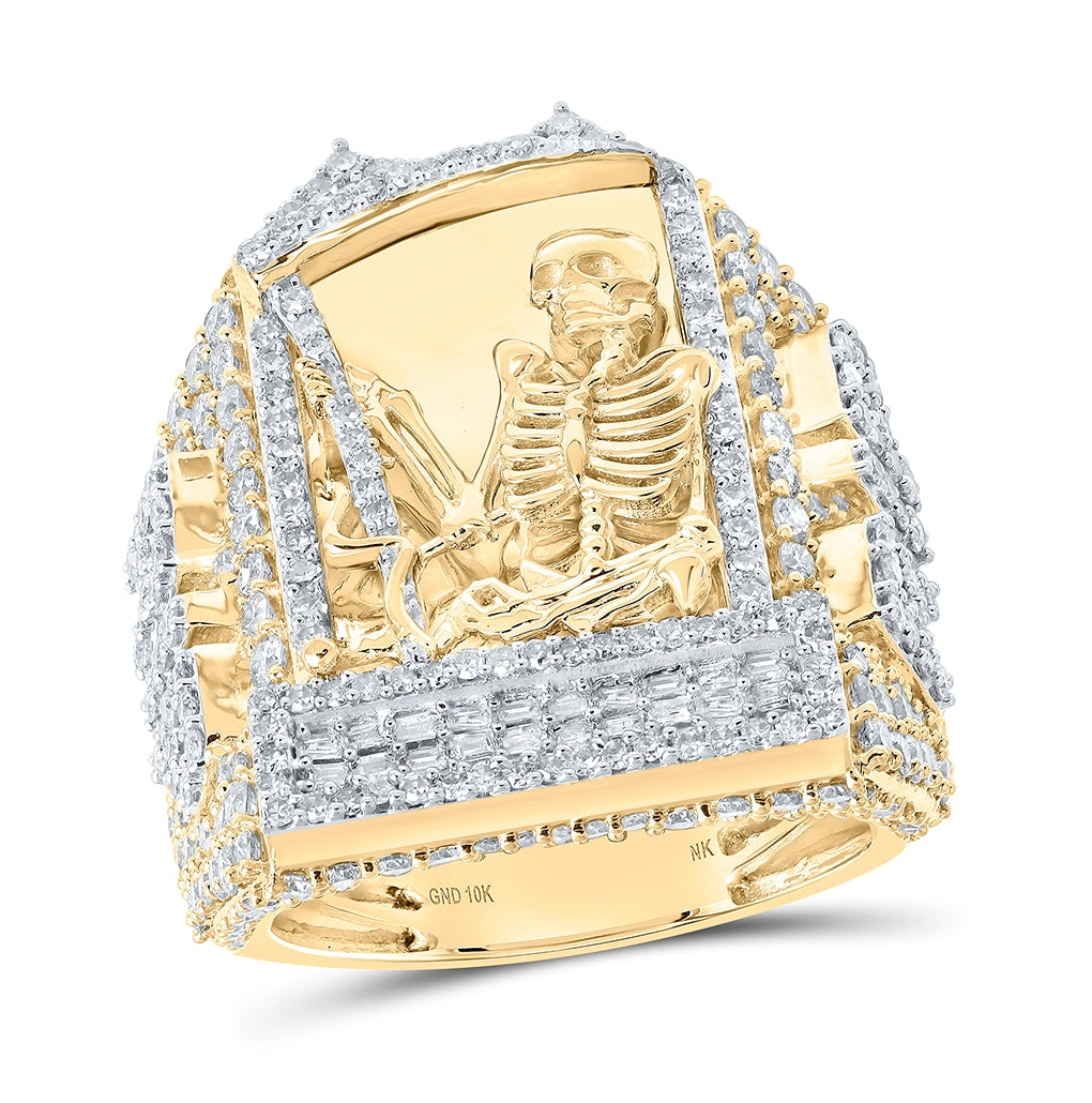 10K Yellow Gold Mens Round Diamond Skeleton Coffin RIP Fashion Ring 4 Cttw, Mens Size: 7-13