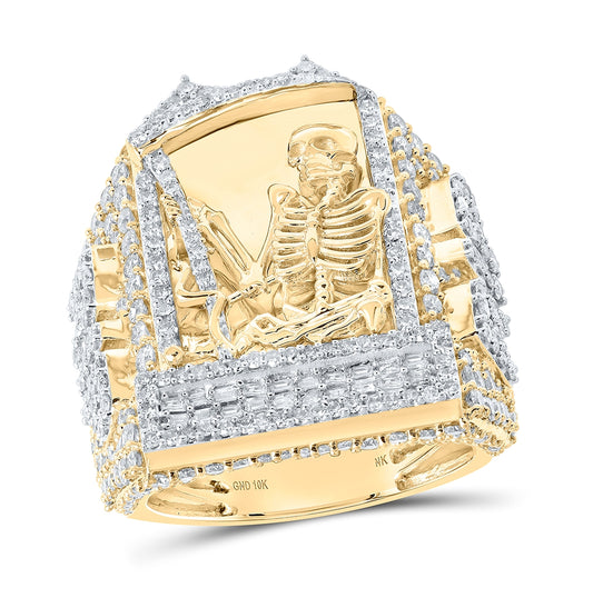 10K Yellow Gold Mens Round Diamond Skeleton Coffin RIP Fashion Ring 4 Cttw, Mens Size: 7-13