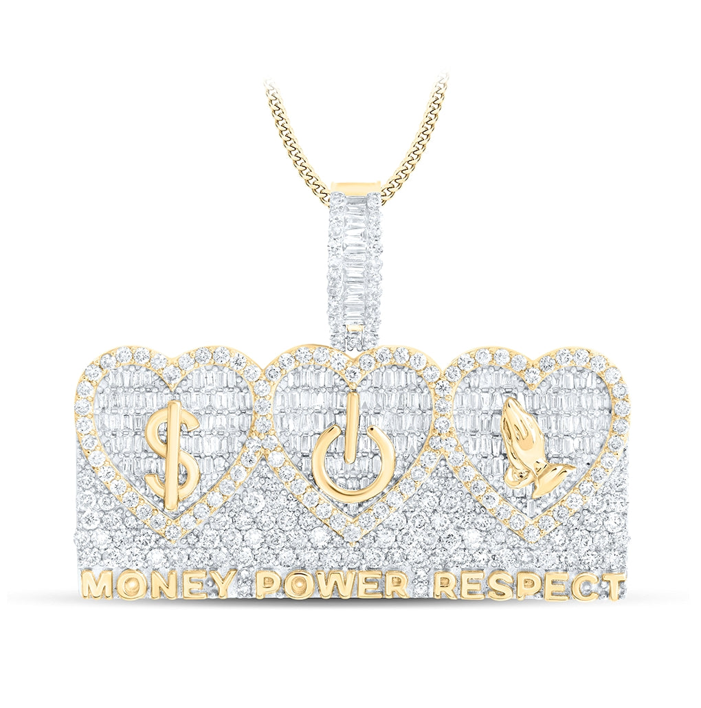 10K Yellow Gold Mens Baguette Diamond MONEY POWER RESPECT Phrase Charm Pendant 3-3/8 Cttw