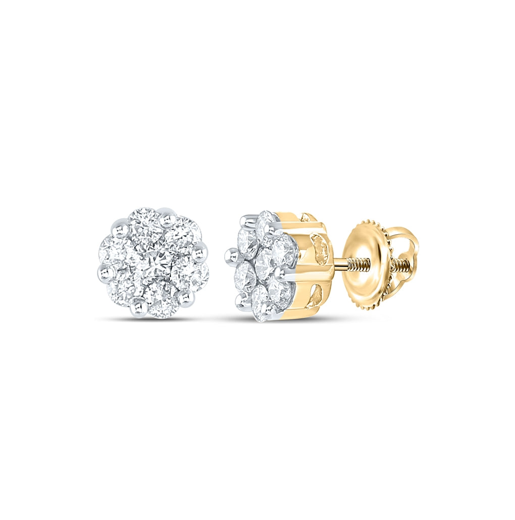 14K White Or Yellow Gold Womens Round Diamond Flower Cluster Earrings