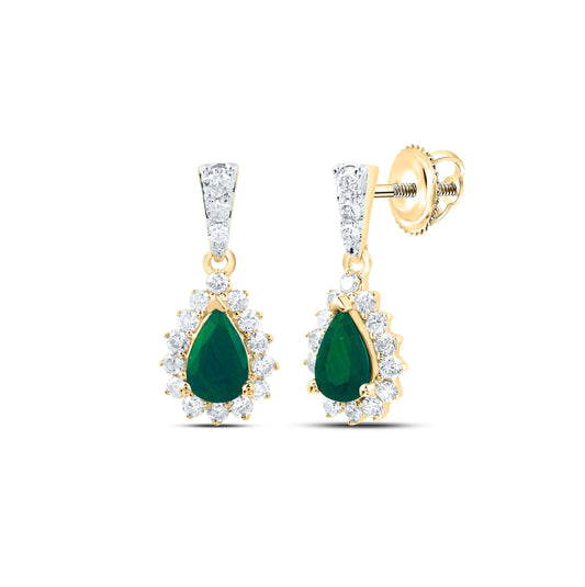 10K Yellow Gold Womens Pear Emerald Diamond Dangle Earrings 1-1/2 Cttw