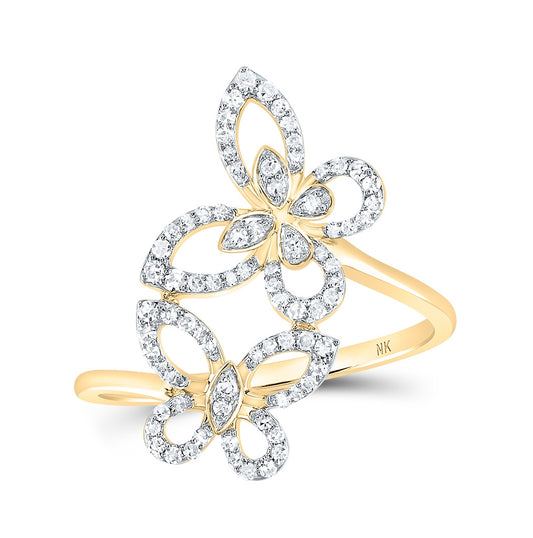 10K Yellow Or White Or Rose Gold Womens Round Diamond Double Butterfly Ring , Womens Size: 5-10