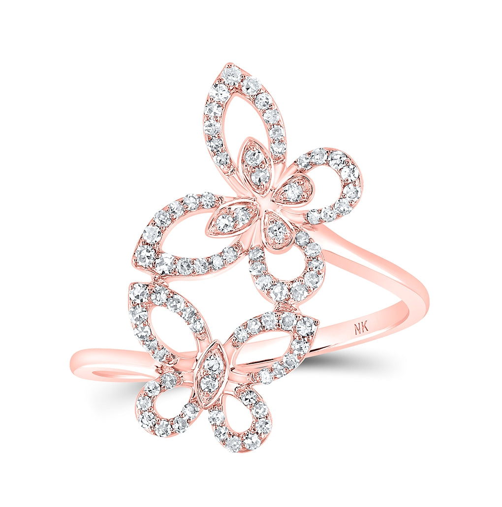 10K Yellow Or White Or Rose Gold Womens Round Diamond Double Butterfly Ring , Womens Size: 5-10