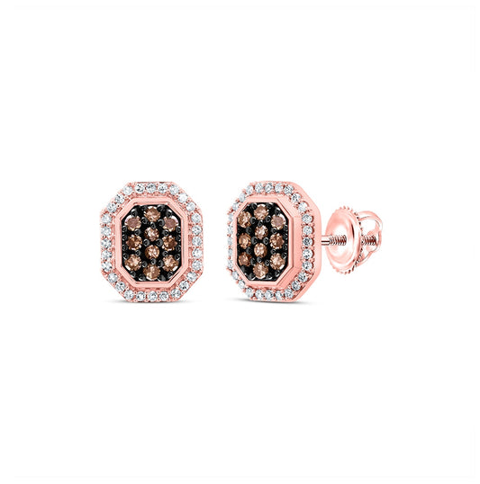 10K Rose Gold Womens Round Brown Diamond Octagon Earrings 1/4 Cttw