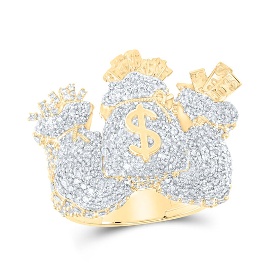 10K Yellow Gold Mens Round Diamond Money Bag Pinky Ring 4-3/4 Cttw, Mens Size: 7-13
