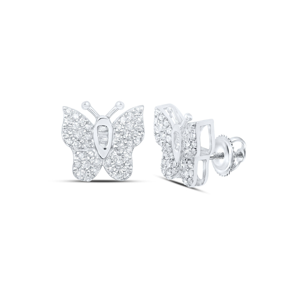 10K White Or Yellow Gold Womens Round Diamond Butterfly Earrings