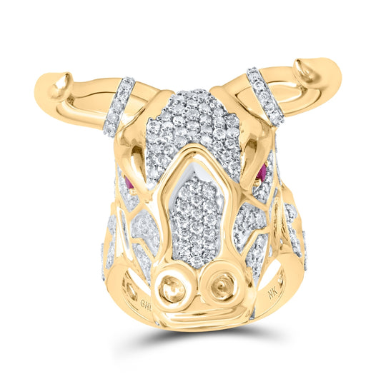 10K Yellow Gold Mens Round Ruby Diamond Bull Animal Ring 3-1/2 Cttw, Mens Size: 7-13