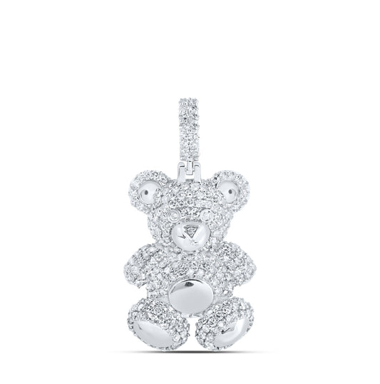 10K White Gold Mens Round Diamond Teddy Bear Charm Pendant 1-1/3 Cttw