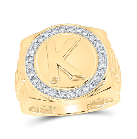 10K Yellow Gold Mens Round Diamond Letter K Circle Ring 1/2 Cttw, Mens Size: 7-13