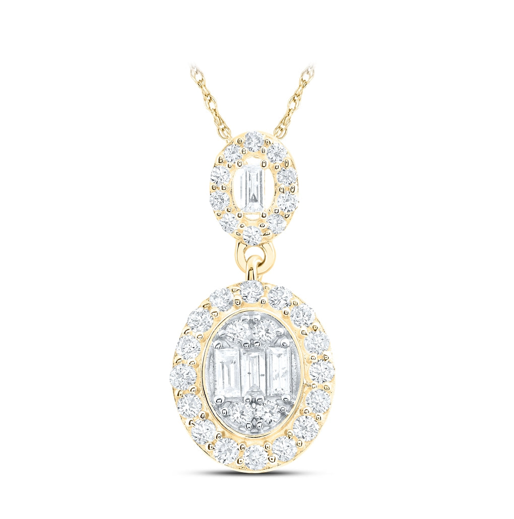 14K White Or Yellow Gold Womens Baguette Diamond Oval Pendant