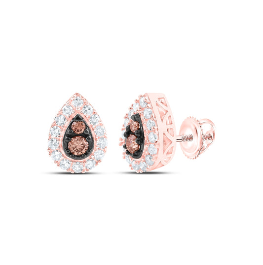 10K Rose Gold Womens Round Brown Diamond Teardrop Earrings 1/3 Cttw
