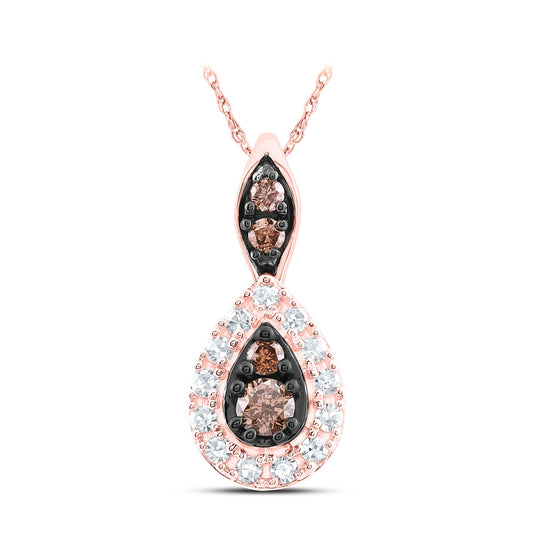 10K Rose Gold Womens Round Brown Diamond Teardrop Pendant 1/5ctw