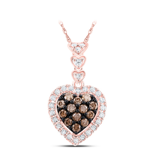 10K Rose Gold Womens Round Brown Diamond Heart Pendant 1/2 Cttw