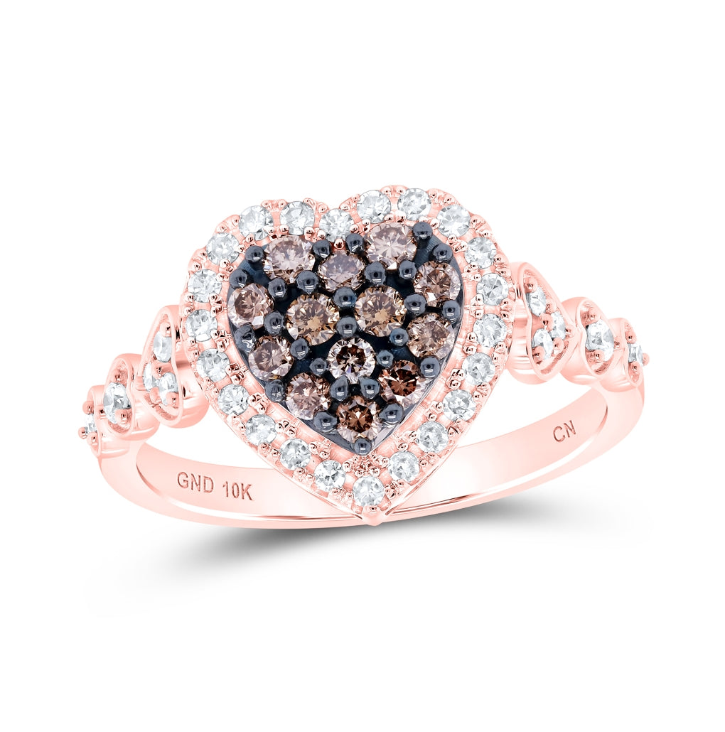 10K Rose Gold Womens Round Brown Diamond Heart Ring 1/2 Cttw, Womens Size: 5-10