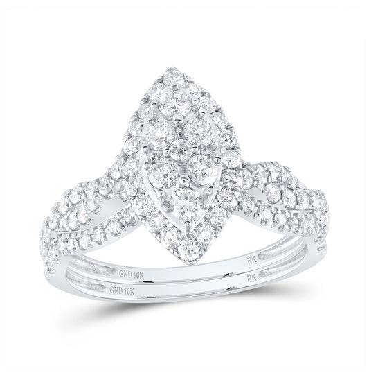 10K White Gold Round Diamond Marquise-shape Bridal Wedding Ring Band Set 1ctw, Womens Size: 5-10