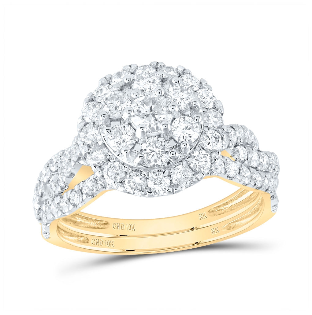 10K Yellow Gold Round Diamond Halo Bridal Wedding Ring Band Set 1-1/2 Cttw, Womens Size: 5-10