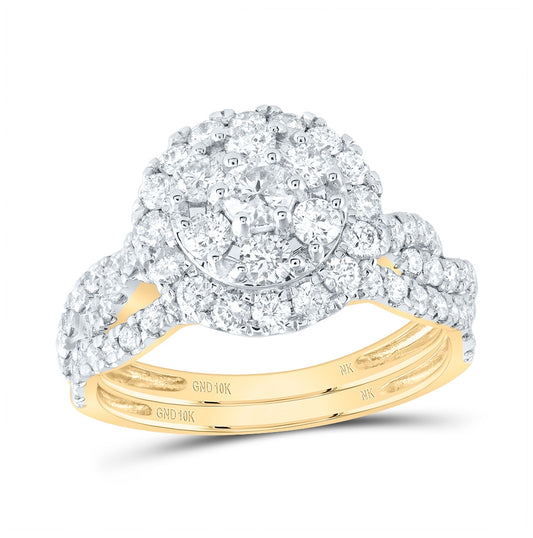 10K Yellow Gold Round Diamond Halo Bridal Wedding Ring Band Set 1-1/2 Cttw, Womens Size: 5-10
