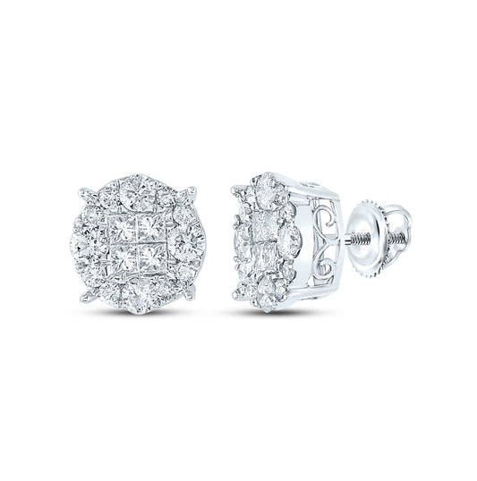 14K White Gold Womens Princess Diamond Cluster Earrings 2 Cttw