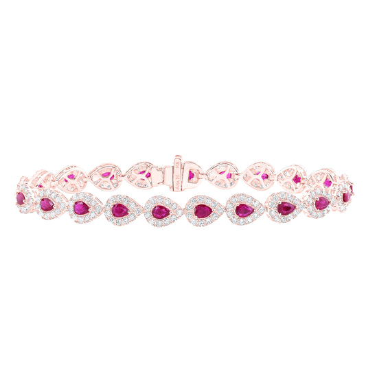 14K Rose Gold Womens Pear Ruby Diamond Tennis Bracelet 5-1/2 Cttw