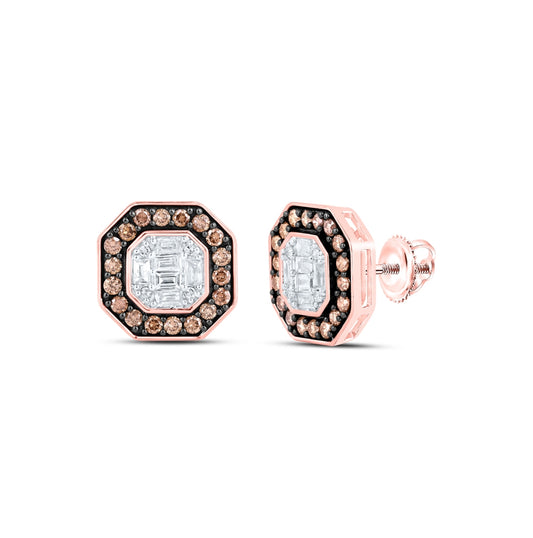 14K Rose Gold Womens Round Brown Diamond Octagon Earrings 3/4 Cttw